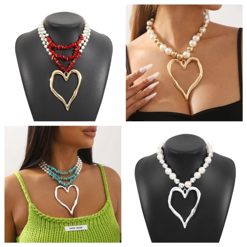 Heart Statement Necklace Faux Pearls Gold Balls - Picture 13 of 14